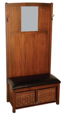 FS-1090 Contemporary Hall Seat in Brown Maple wood, Rich Tobacco finish and leather seat. Two baskets on slide out.