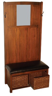 FS-1090 Contemporary Hall Seat in Brown Maple wood, Rich Tobacco finish and leather seat Open. Two baskets on slide out.